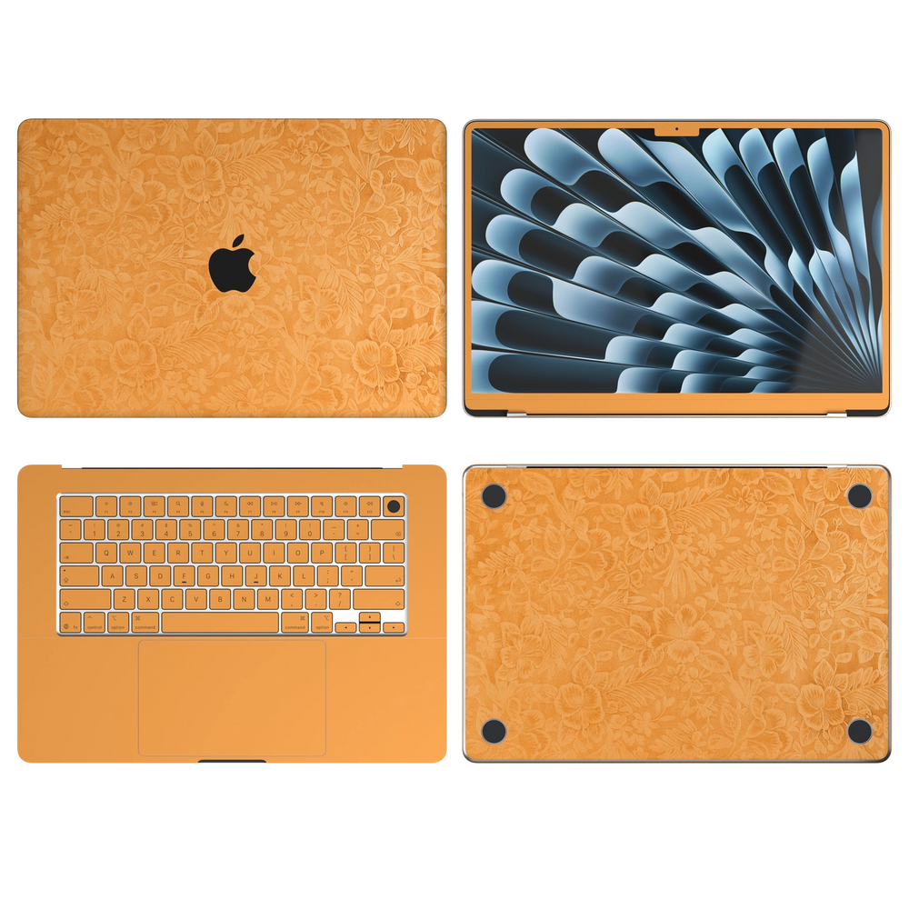 Sunny Yellow Hibiscus synthetic leather: Top Inside Bottom & Screen edge coverage illustration (A+B+C+D). Render only; Air 13.6/15 M3-M5 ABCD remains unavailable. Rendered on MacBook Air 15.3-inch M3-M5; exact cutouts follow the selected model.
