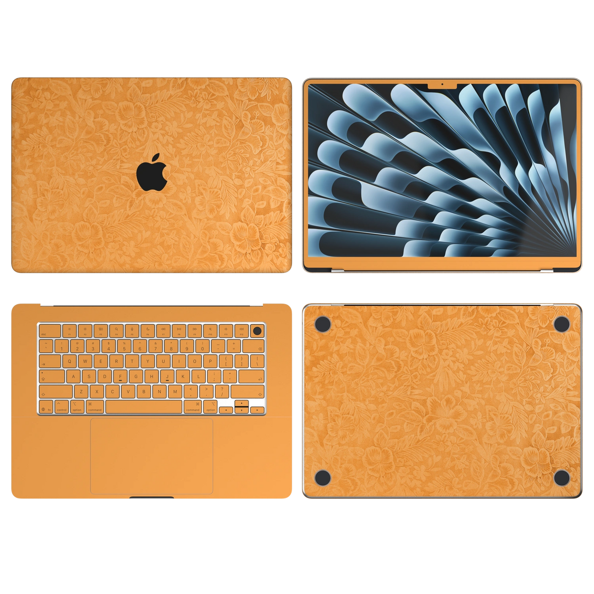 Sunny Yellow Hibiscus synthetic leather: Top Inside Bottom & Screen edge coverage illustration (A+B+C+D). Render only; Air 13.6/15 M3-M5 ABCD remains unavailable. Rendered on MacBook Air 15.3-inch M3-M5; exact cutouts follow the selected model.