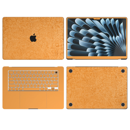 Sunny Yellow Hibiscus synthetic leather: Top Inside Bottom & Screen edge coverage illustration (A+B+C+D). Render only; Air 13.6/15 M3-M5 ABCD remains unavailable. Rendered on MacBook Air 15.3-inch M3-M5; exact cutouts follow the selected model.
