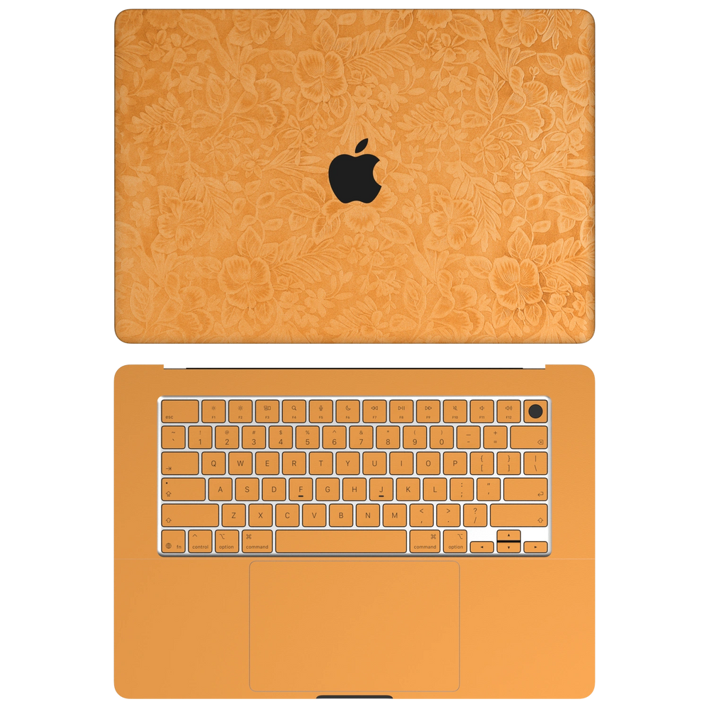 Sunny Yellow Hibiscus synthetic leather: Top+Inside coverage guide: embossed top lid (A), plain inside (C) and keycap stickers. No bottom (D) or screen-edge (B) pieces. Rendered on MacBook Air 15.3-inch M3-M5; exact cutouts follow the selected model.