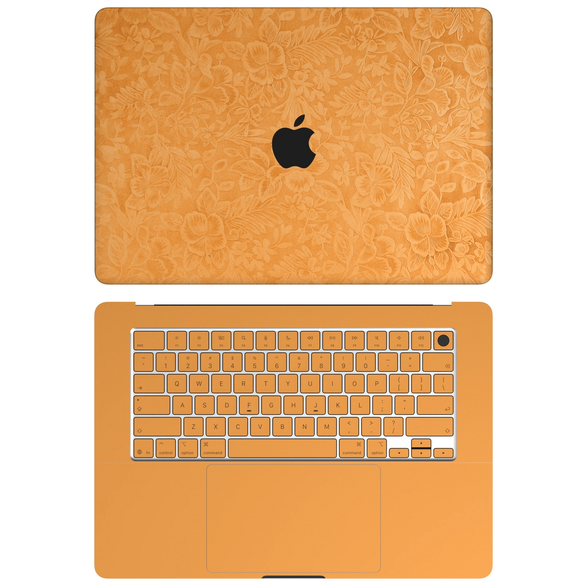 Sunny Yellow Hibiscus synthetic leather: Top+Inside coverage guide: embossed top lid (A), plain inside (C) and keycap stickers. No bottom (D) or screen-edge (B) pieces. Rendered on MacBook Air 15.3-inch M3-M5; exact cutouts follow the selected model.