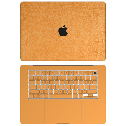 Sunny Yellow Hibiscus synthetic leather: Top+Inside coverage guide: embossed top lid (A), plain inside (C) and keycap stickers. No bottom (D) or screen-edge (B) pieces. Rendered on MacBook Air 15.3-inch M3-M5; exact cutouts follow the selected model.