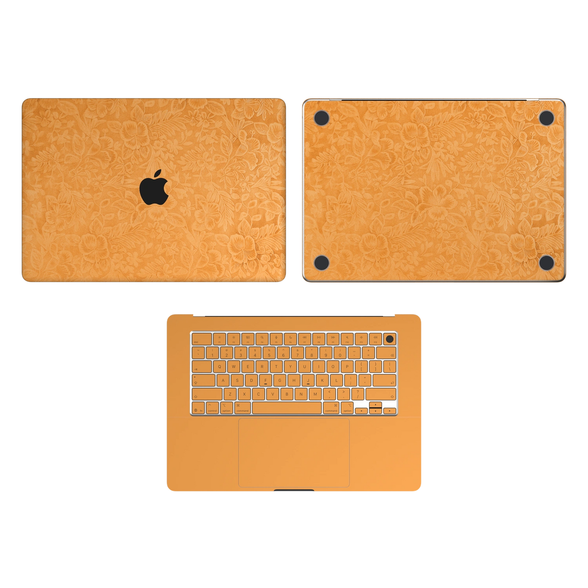 Sunny Yellow Hibiscus synthetic leather: Top Inside & Bottom Wraps coverage guide: embossed top lid (A) and bottom (D), plain inside (C) and keycap stickers. No screen-edge (B) pieces. Rendered on MacBook Air 15.3-inch M3-M5; exact cutouts follow the selected model.