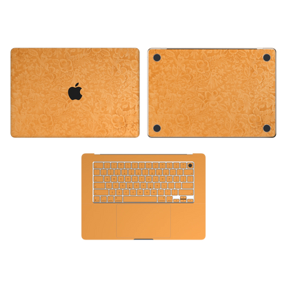 Sunny Yellow Hibiscus synthetic leather: Top Inside & Bottom Wraps coverage guide: embossed top lid (A) and bottom (D), plain inside (C) and keycap stickers. No screen-edge (B) pieces. Rendered on MacBook Air 15.3-inch M3-M5; exact cutouts follow the selected model.