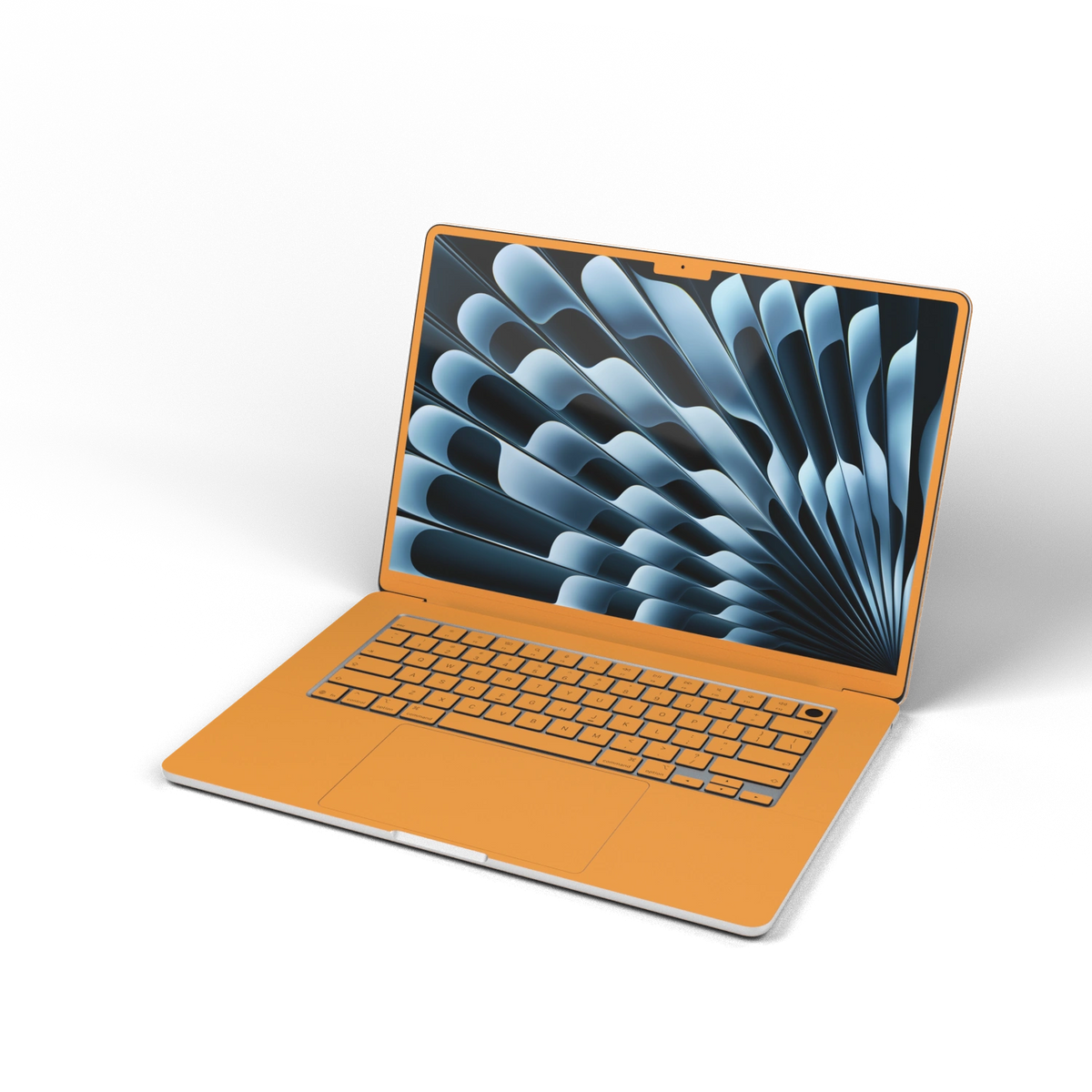 Sunny Yellow Hibiscus synthetic leather: Front installation-effect illustration. Screen-edge (B) shown for material reference; availability depends on selected model and coverage. Rendered on MacBook Air 15.3-inch M3-M5; exact cutouts follow the selected model.