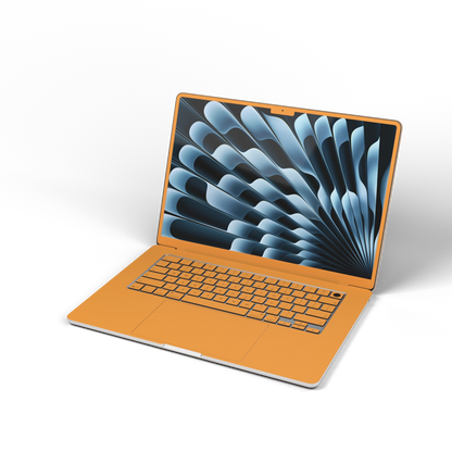 Sunny Yellow Hibiscus synthetic leather: Front installation-effect illustration. Screen-edge (B) shown for material reference; availability depends on selected model and coverage. Rendered on MacBook Air 15.3-inch M3-M5; exact cutouts follow the selected model.