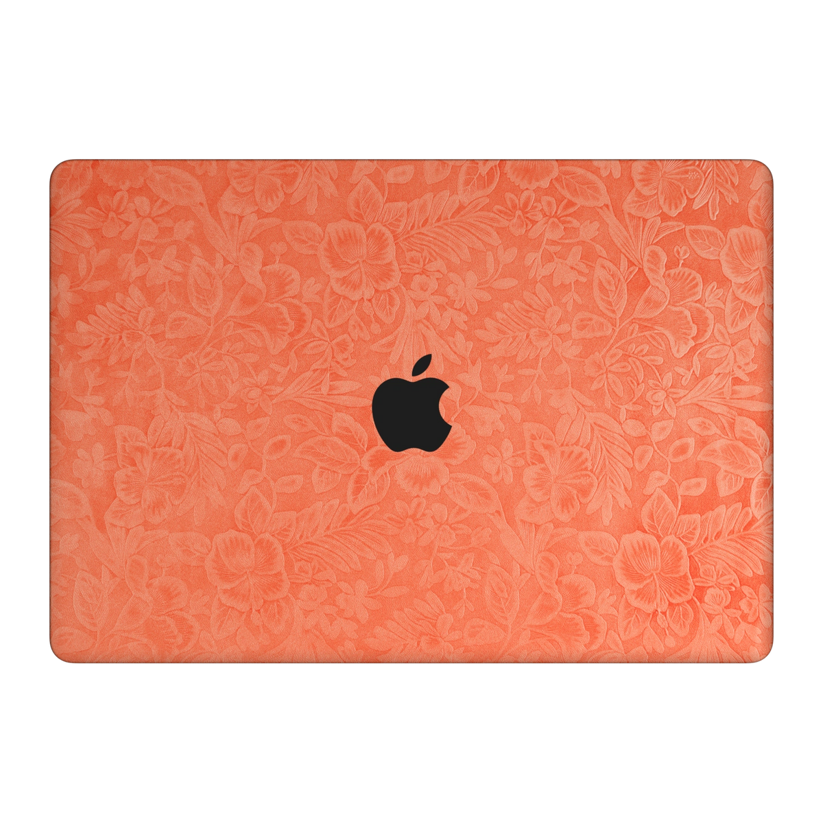 Sunset Orange Hibiscus embossed synthetic leather material illustration on the top lid (A). Rendered on MacBook Air 15.3-inch M3-M5 as a shared material reference for Air, Pro and Neo; actual cutouts follow the selected model.