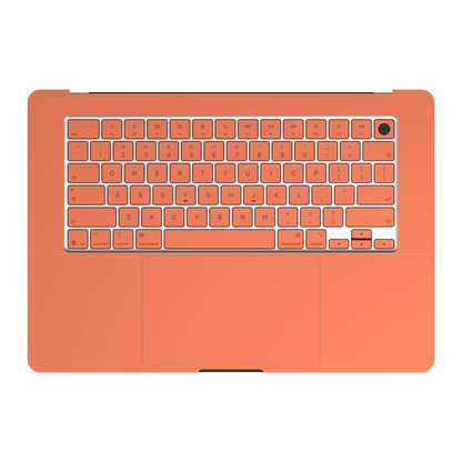 Sunset Orange Hibiscus synthetic leather: Inside keyboard deck and palm-rest (C) material illustration. Rendered on Air15.3 M3-M5 as a shared material reference for Air, Pro and Neo; actual cutouts follow the selected model.