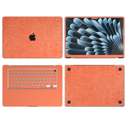 Sunset Orange Hibiscus synthetic leather: Top Inside Bottom & Screen edge coverage illustration (A+B+C+D). Air13.6/15 M3-M5 ABCD remains unavailable; other models follow their selected coverage. Rendered on Air15.3 M3-M5 as a shared material reference for Air, Pro and Neo; actual cutouts follow the selected model.