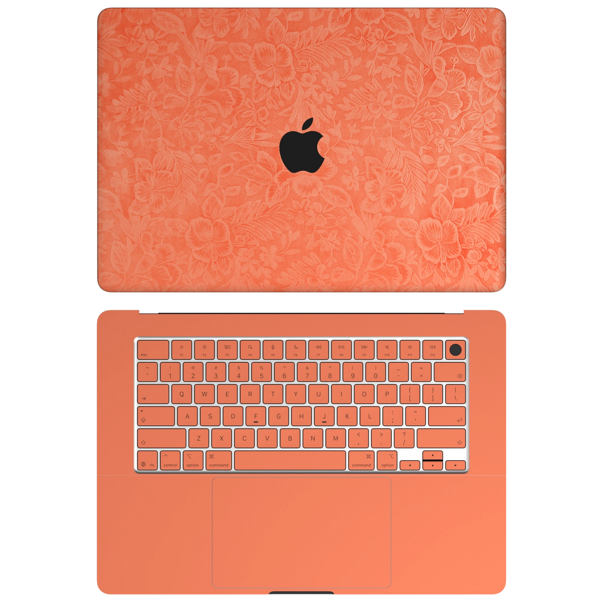 Sunset Orange Hibiscus synthetic leather: Top+Inside coverage guide: embossed top lid (A), plain inside (C) and keycap stickers. No bottom (D) or screen-edge (B) pieces. Rendered on Air15.3 M3-M5 as a shared material reference for Air, Pro and Neo; actual cutouts follow the selected model.
