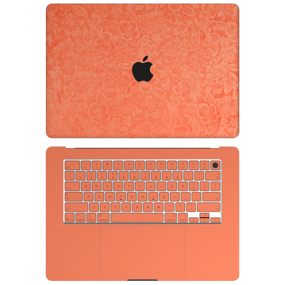 Sunset Orange Hibiscus synthetic leather: Top+Inside coverage guide: embossed top lid (A), plain inside (C) and keycap stickers. No bottom (D) or screen-edge (B) pieces. Rendered on Air15.3 M3-M5 as a shared material reference for Air, Pro and Neo; actual cutouts follow the selected model.