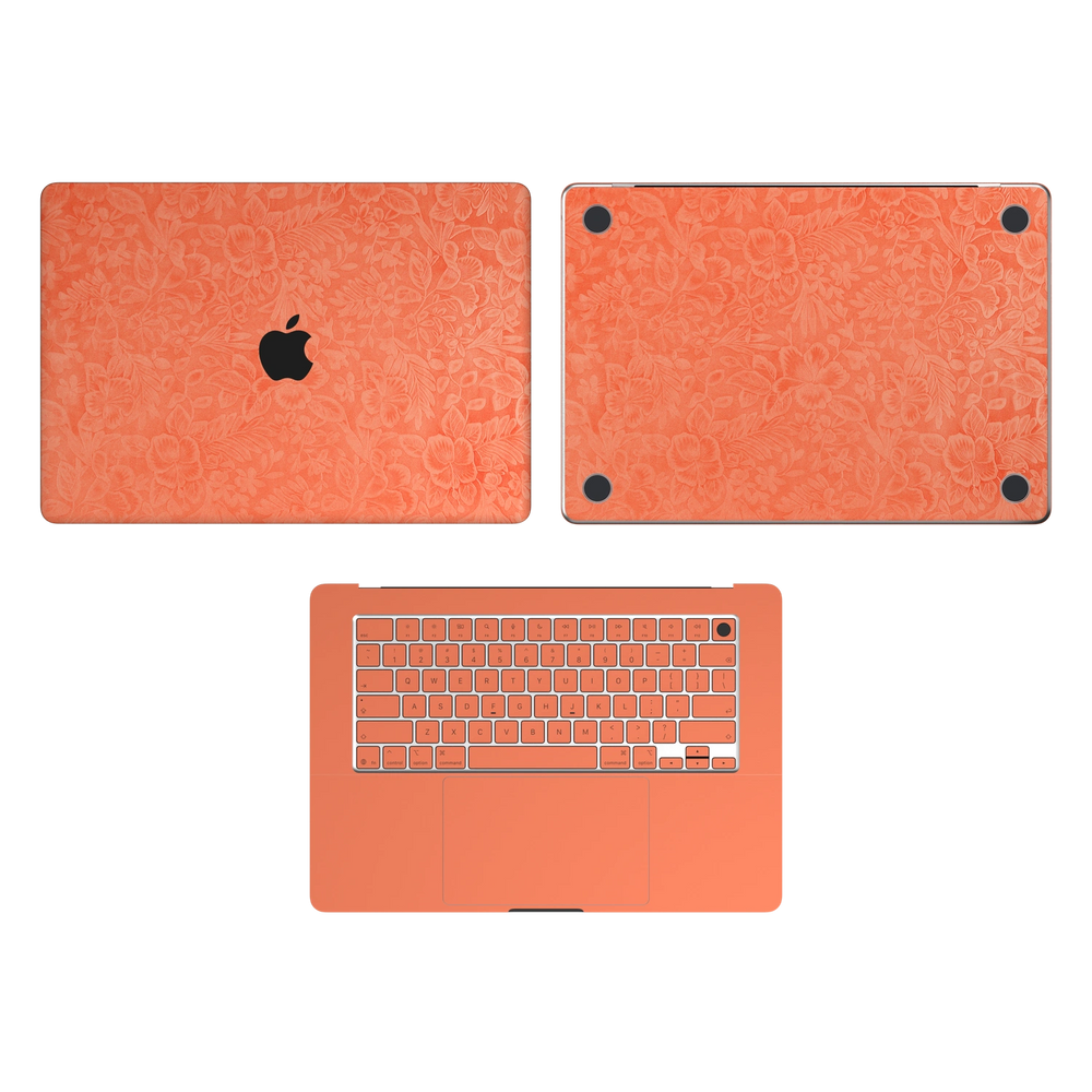 Sunset Orange Hibiscus synthetic leather: Top Inside & Bottom Wraps coverage guide: embossed top lid (A) and bottom (D), plain inside (C) and keycap stickers. No screen-edge (B) pieces. Rendered on Air15.3 M3-M5 as a shared material reference for Air, Pro and Neo; actual cutouts follow the selected model.