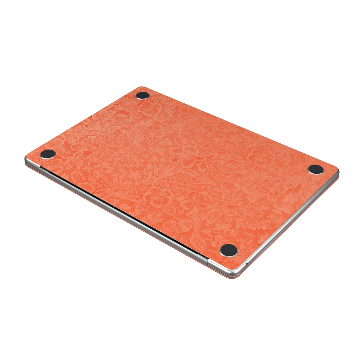 Sunset Orange Hibiscus synthetic leather: Bottom (D) angle and texture detail. Bottom pieces are included only with bottom coverage. Rendered on Air15.3 M3-M5 as a shared material reference for Air, Pro and Neo; actual cutouts follow the selected model.