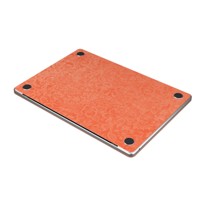 Sunset Orange Hibiscus synthetic leather: Bottom (D) angle and texture detail. Bottom pieces are included only with bottom coverage. Rendered on Air15.3 M3-M5 as a shared material reference for Air, Pro and Neo; actual cutouts follow the selected model.