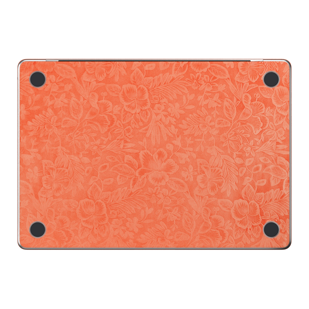 Sunset Orange Hibiscus synthetic leather: Bottom (D) material illustration. Bottom pieces are included only in coverage options that include bottom. Rendered on Air15.3 M3-M5 as a shared material reference for Air, Pro and Neo; actual cutouts follow the selected model.