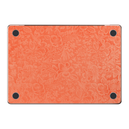 Sunset Orange Hibiscus synthetic leather: Bottom (D) material illustration. Bottom pieces are included only in coverage options that include bottom. Rendered on Air15.3 M3-M5 as a shared material reference for Air, Pro and Neo; actual cutouts follow the selected model.