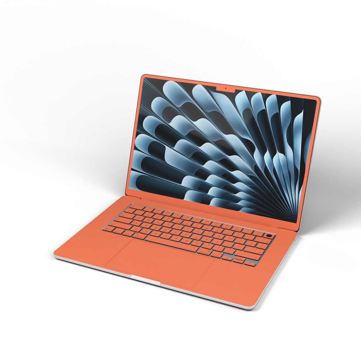 Sunset Orange Hibiscus synthetic leather: Front installation-effect illustration. Screen-edge (B) shown for material reference; availability depends on selected model and coverage. Rendered on Air15.3 M3-M5 as a shared material reference for Air, Pro and Neo; actual cutouts follow the selected model.
