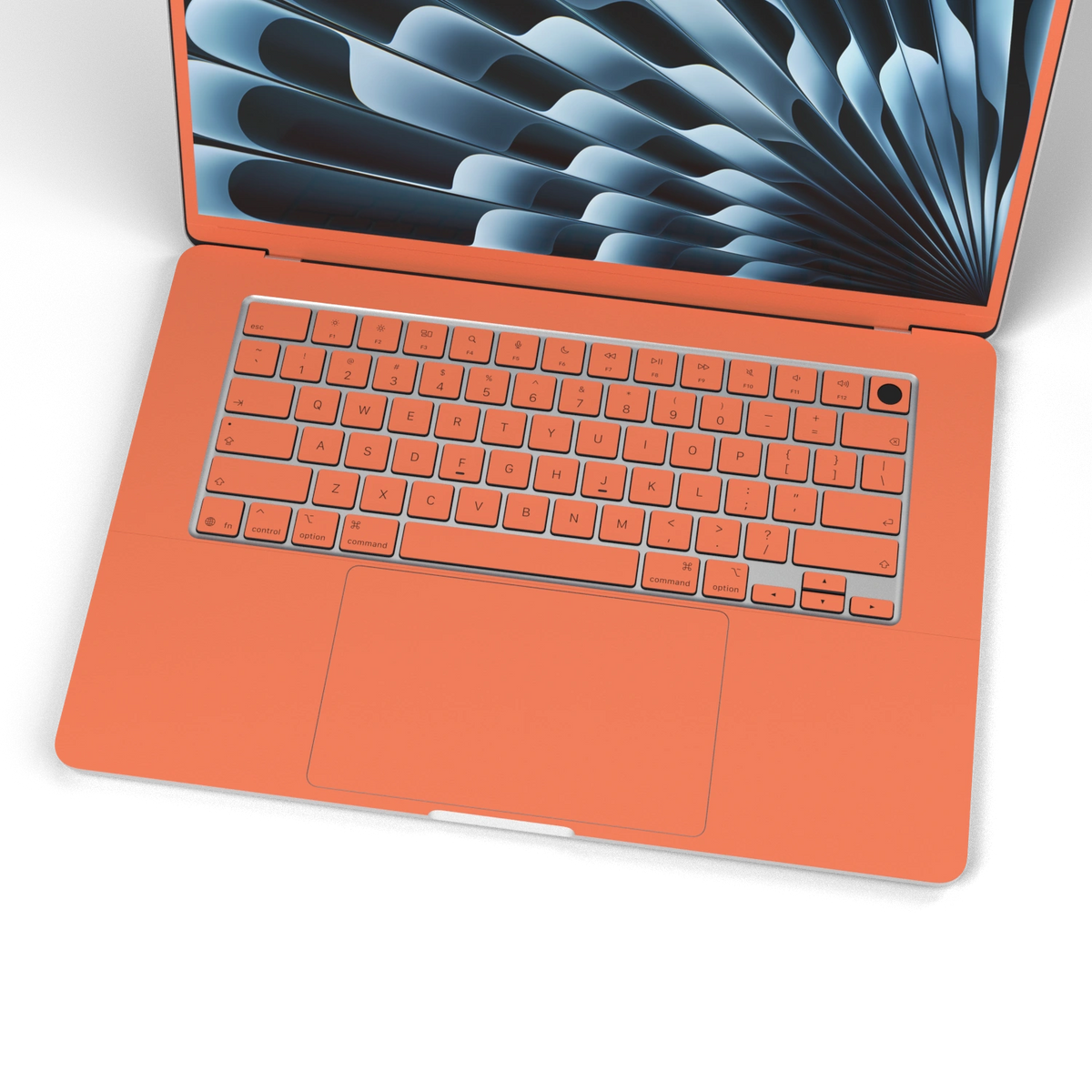 Sunset Orange Hibiscus synthetic leather: Inside keyboard and keycap material detail. Rendered on Air15.3 M3-M5 as a shared material reference for Air, Pro and Neo; actual cutouts follow the selected model.