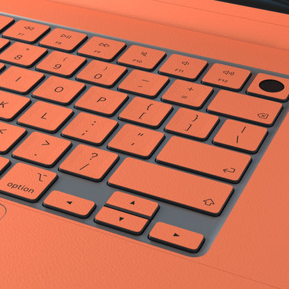 Sunset Orange Hibiscus synthetic leather: Full-frame synthetic leather texture and material close-up. Rendered on Air15.3 M3-M5 as a shared material reference for Air, Pro and Neo; actual cutouts follow the selected model.