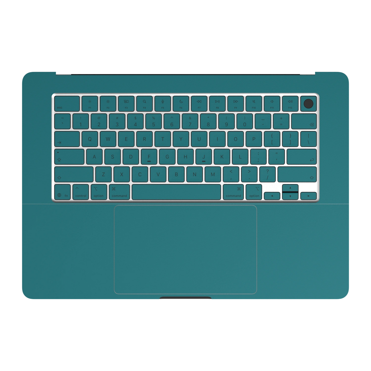 Tropical Teal Hibiscus synthetic leather: Inside keyboard deck and palm-rest (C) material illustration. Rendered on Air15.3 M3-M5 as a shared material reference for Air, Pro and Neo; actual cutouts follow the selected model.