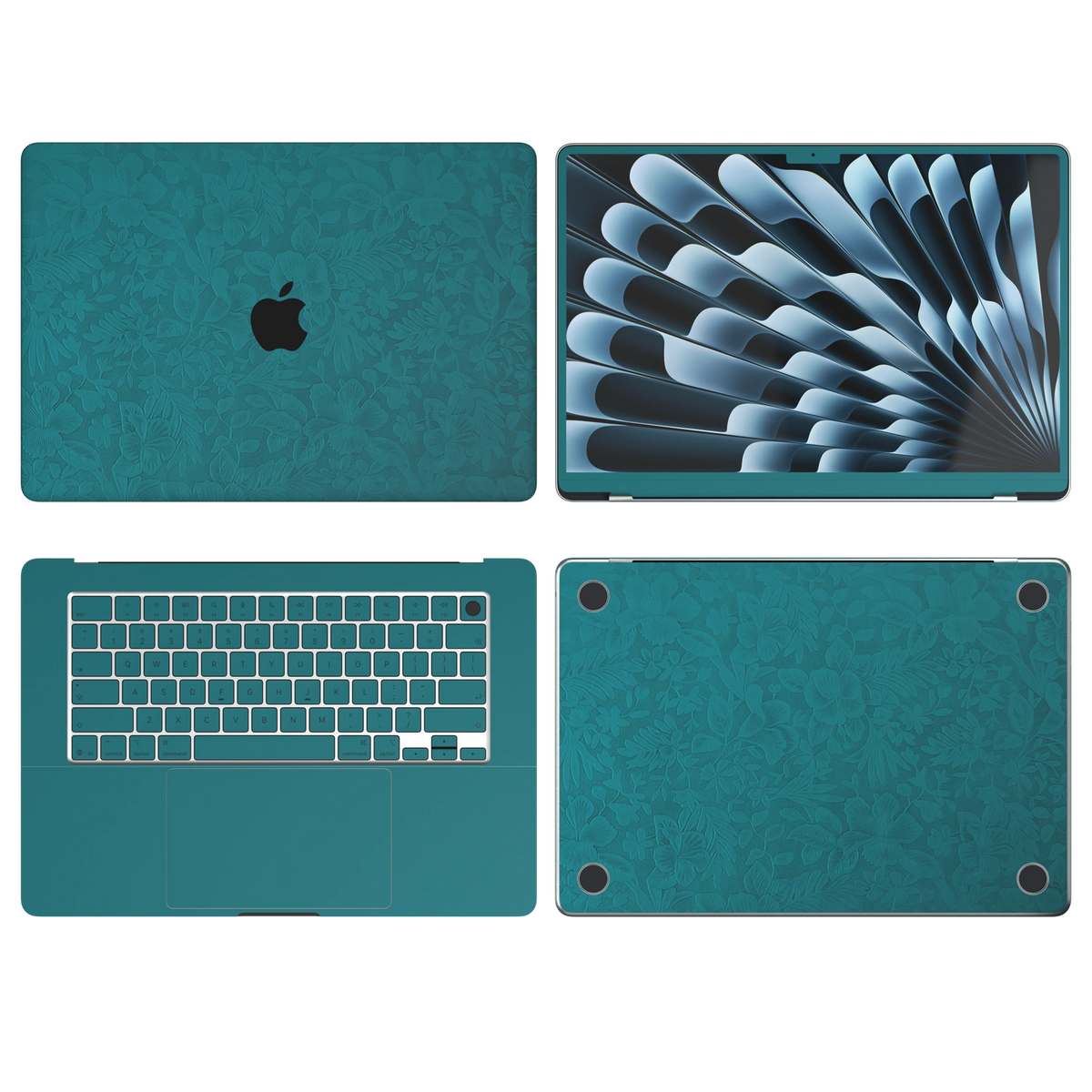 Tropical Teal Hibiscus synthetic leather: Top Inside Bottom & Screen edge coverage illustration (A+B+C+D). Air13.6/15 M3-M5 ABCD remains unavailable; other models follow their selected coverage. Rendered on Air15.3 M3-M5 as a shared material reference for Air, Pro and Neo; actual cutouts follow the selected model.