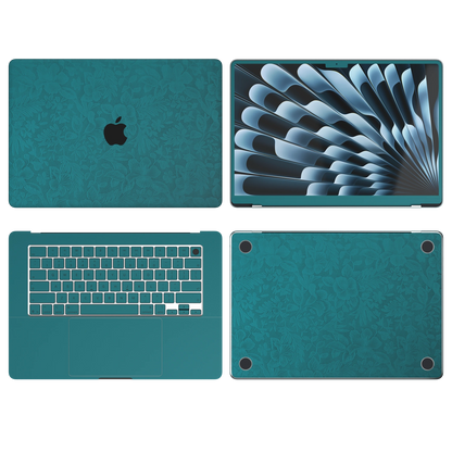 Tropical Teal Hibiscus synthetic leather: Top Inside Bottom & Screen edge coverage illustration (A+B+C+D). Air13.6/15 M3-M5 ABCD remains unavailable; other models follow their selected coverage. Rendered on Air15.3 M3-M5 as a shared material reference for Air, Pro and Neo; actual cutouts follow the selected model.