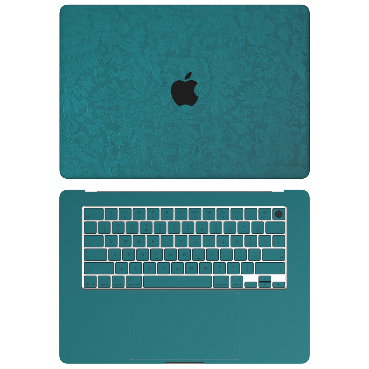 Tropical Teal Hibiscus synthetic leather: Top+Inside coverage guide: embossed top lid (A), plain inside (C) and keycap stickers. No bottom (D) or screen-edge (B) pieces. Rendered on Air15.3 M3-M5 as a shared material reference for Air, Pro and Neo; actual cutouts follow the selected model.