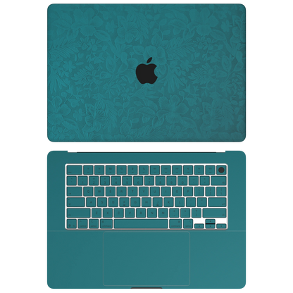 Tropical Teal Hibiscus synthetic leather: Top+Inside coverage guide: embossed top lid (A), plain inside (C) and keycap stickers. No bottom (D) or screen-edge (B) pieces. Rendered on Air15.3 M3-M5 as a shared material reference for Air, Pro and Neo; actual cutouts follow the selected model.