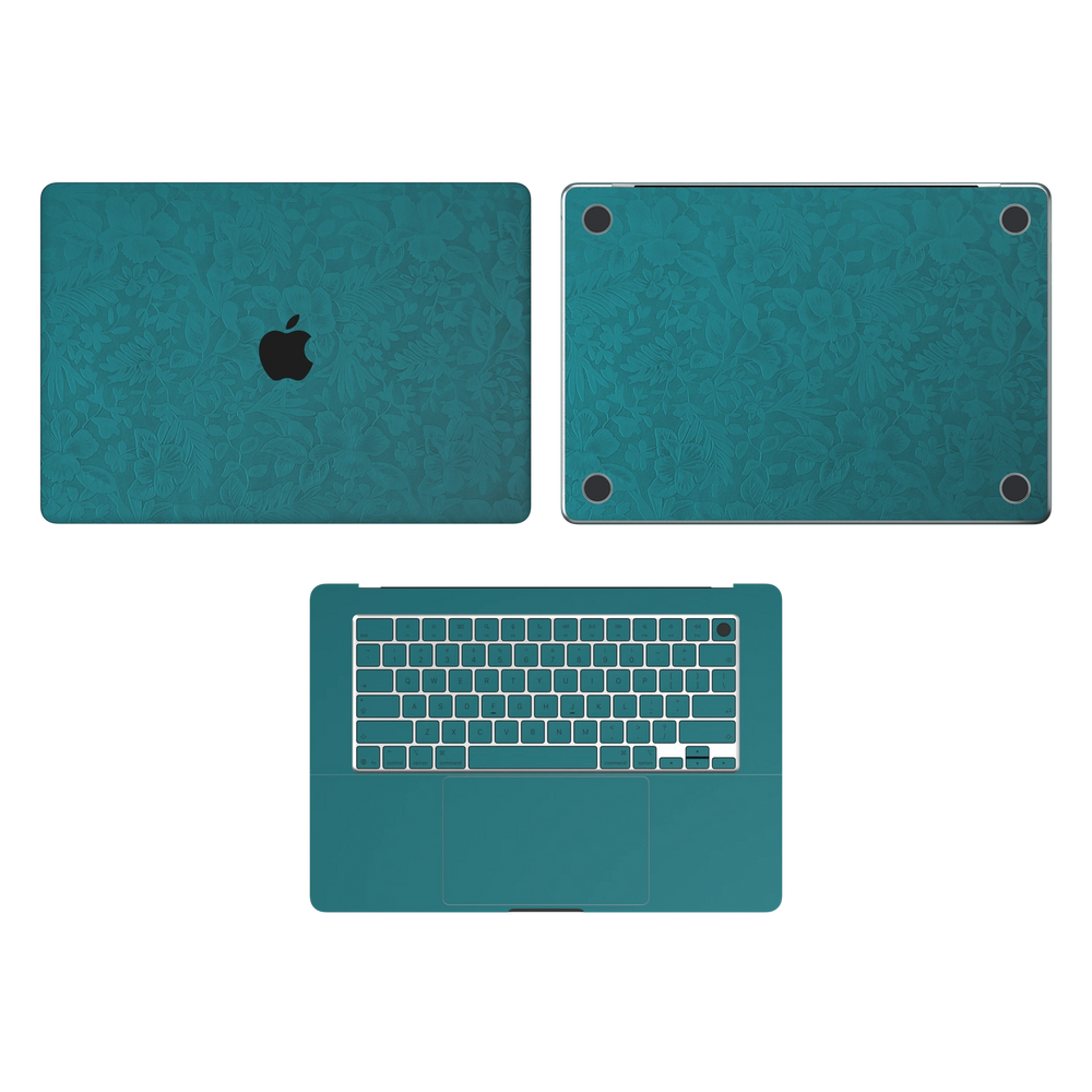 Tropical Teal Hibiscus synthetic leather: Top Inside & Bottom Wraps coverage guide: embossed top lid (A) and bottom (D), plain inside (C) and keycap stickers. No screen-edge (B) pieces. Rendered on Air15.3 M3-M5 as a shared material reference for Air, Pro and Neo; actual cutouts follow the selected model.