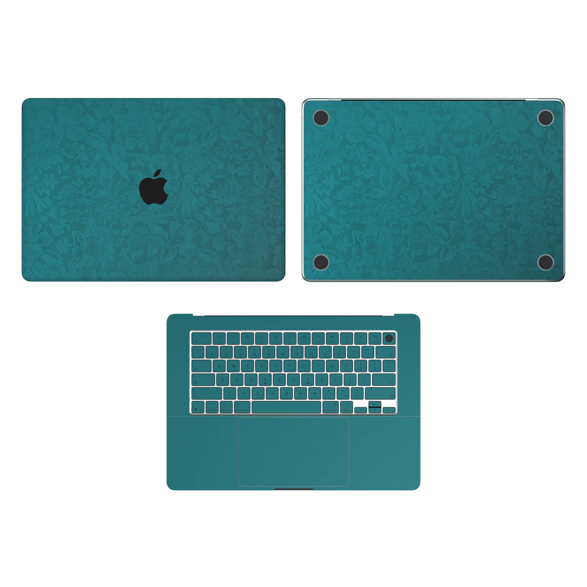 Tropical Teal Hibiscus synthetic leather: Top Inside & Bottom Wraps coverage guide: embossed top lid (A) and bottom (D), plain inside (C) and keycap stickers. No screen-edge (B) pieces. Rendered on Air15.3 M3-M5 as a shared material reference for Air, Pro and Neo; actual cutouts follow the selected model.