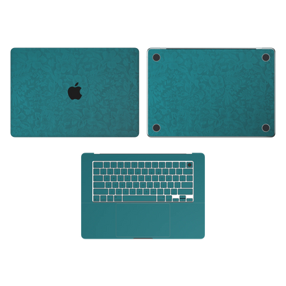 Tropical Teal Hibiscus synthetic leather: Top Inside & Bottom Wraps coverage guide: embossed top lid (A) and bottom (D), plain inside (C) and keycap stickers. No screen-edge (B) pieces. Rendered on Air15.3 M3-M5 as a shared material reference for Air, Pro and Neo; actual cutouts follow the selected model.