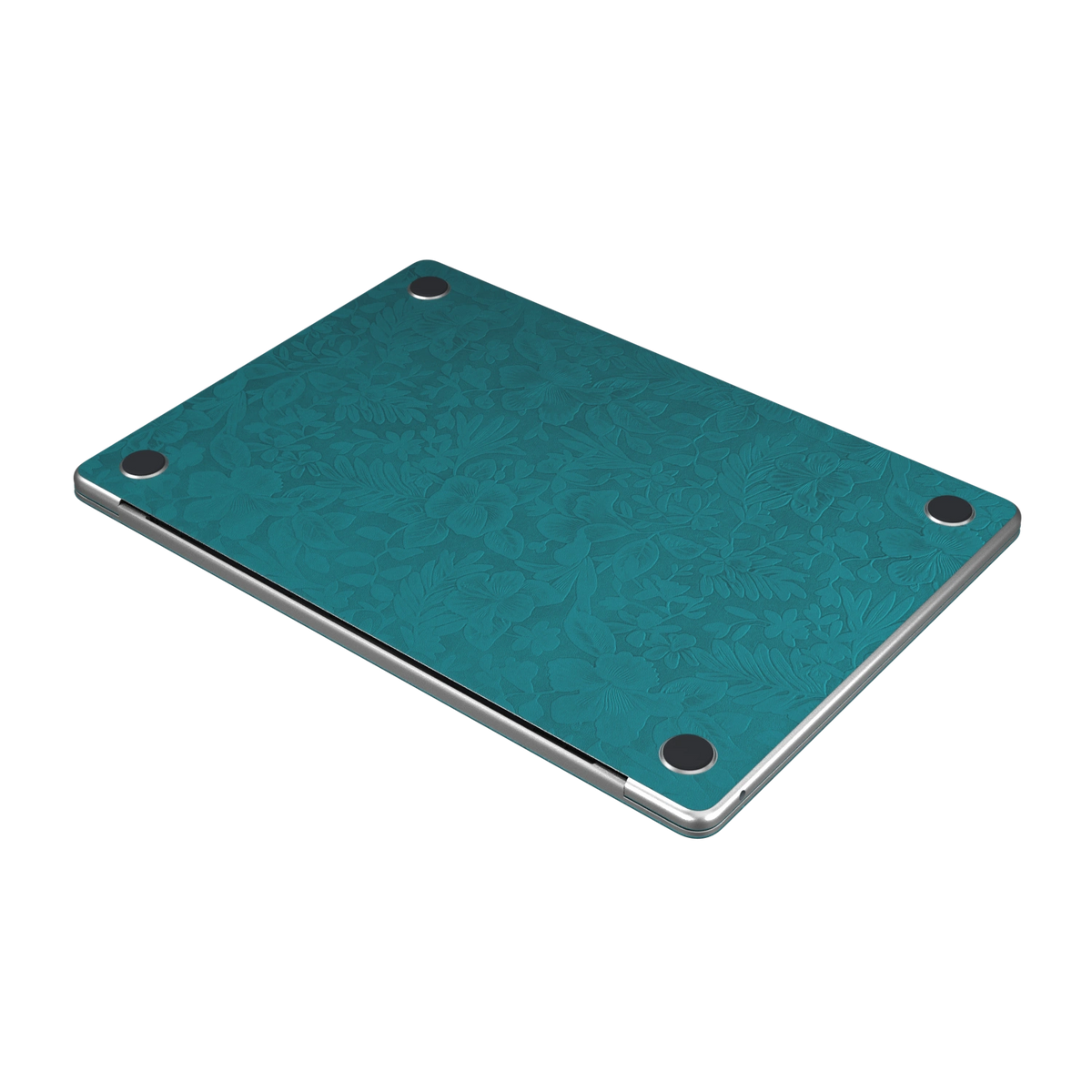 Tropical Teal Hibiscus synthetic leather: Bottom (D) angle and texture detail. Bottom pieces are included only with bottom coverage. Rendered on Air15.3 M3-M5 as a shared material reference for Air, Pro and Neo; actual cutouts follow the selected model.