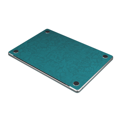 Tropical Teal Hibiscus synthetic leather: Bottom (D) angle and texture detail. Bottom pieces are included only with bottom coverage. Rendered on Air15.3 M3-M5 as a shared material reference for Air, Pro and Neo; actual cutouts follow the selected model.