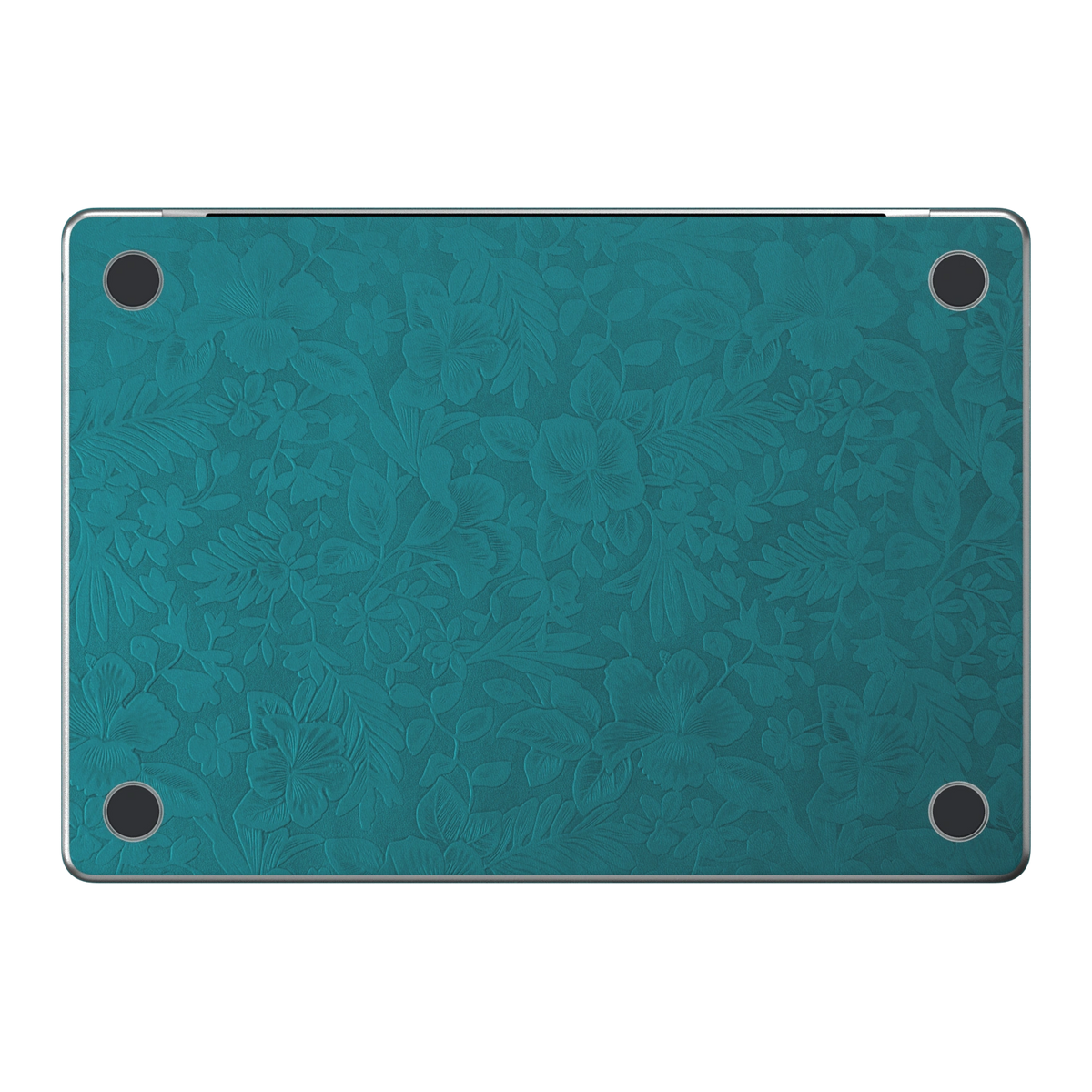 Tropical Teal Hibiscus synthetic leather: Bottom (D) material illustration. Bottom pieces are included only in coverage options that include bottom. Rendered on Air15.3 M3-M5 as a shared material reference for Air, Pro and Neo; actual cutouts follow the selected model.