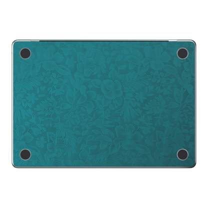 Tropical Teal Hibiscus synthetic leather: Bottom (D) material illustration. Bottom pieces are included only in coverage options that include bottom. Rendered on Air15.3 M3-M5 as a shared material reference for Air, Pro and Neo; actual cutouts follow the selected model.