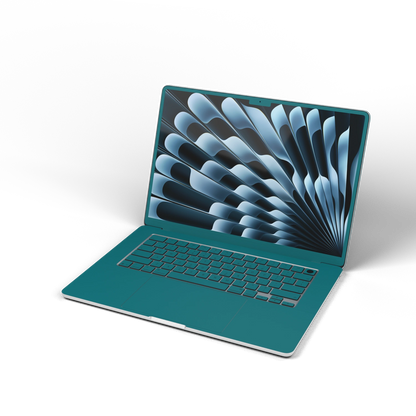 Tropical Teal Hibiscus synthetic leather: Front installation-effect illustration. Screen-edge (B) shown for material reference; availability depends on selected model and coverage. Rendered on Air15.3 M3-M5 as a shared material reference for Air, Pro and Neo; actual cutouts follow the selected model.