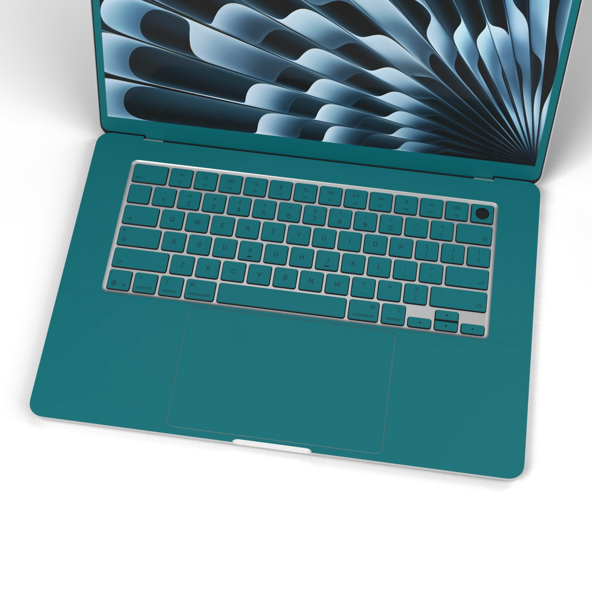 Tropical Teal Hibiscus synthetic leather: Inside keyboard and keycap material detail. Rendered on Air15.3 M3-M5 as a shared material reference for Air, Pro and Neo; actual cutouts follow the selected model.