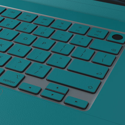 Tropical Teal Hibiscus synthetic leather: Full-frame synthetic leather texture and material close-up. Rendered on Air15.3 M3-M5 as a shared material reference for Air, Pro and Neo; actual cutouts follow the selected model.