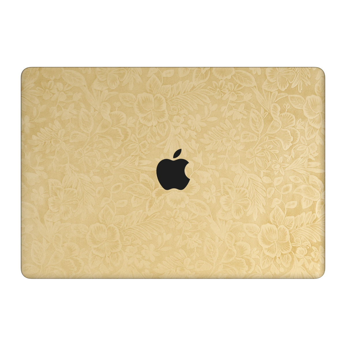 Vintage Gold Hibiscus synthetic leather: Top lid (A) material illustration. Rendered on Air 15.3-inch M3-M5 as shared Air/Pro/Neo material reference; exact cutouts follow selected model.