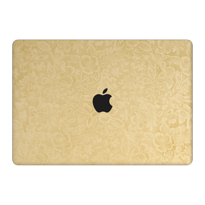 Vintage Gold Hibiscus synthetic leather: Top lid (A) material illustration. Rendered on Air 15.3-inch M3-M5 as shared Air/Pro/Neo material reference; exact cutouts follow selected model.