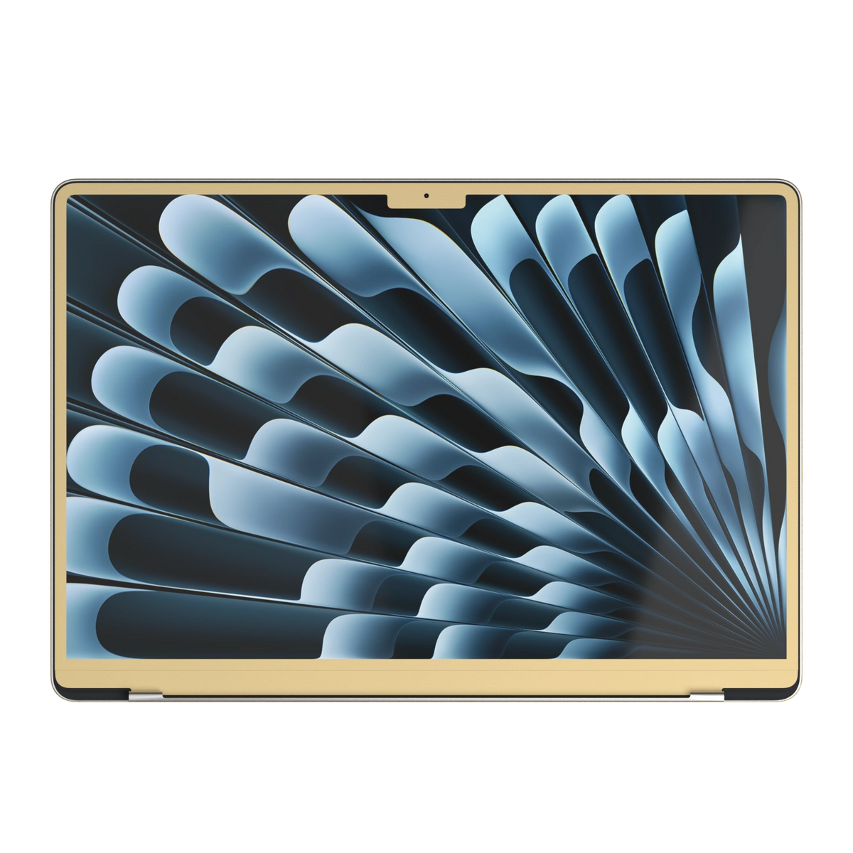 Vintage Gold Hibiscus synthetic leather: Screen-edge (B) material illustration; this does not establish B availability for Air M3-M5. Rendered on Air 15.3-inch M3-M5 as shared Air/Pro/Neo material reference; exact cutouts follow selected model.