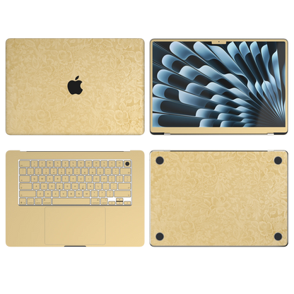 Vintage Gold Hibiscus synthetic leather: Top Inside Bottom & Screen edge coverage illustration (A+B+C+D). The Air 13.6/15 M3-M5 ABCD variants remain unavailable. Rendered on Air 15.3-inch M3-M5 as shared Air/Pro/Neo material reference; exact cutouts follow selected model.