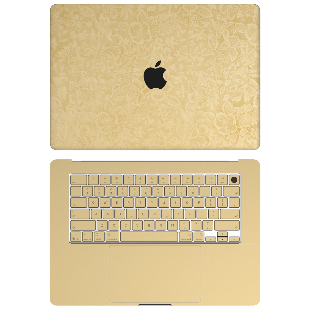 Vintage Gold Hibiscus synthetic leather: Top+Inside coverage guide: embossed top lid (A), plain inside (C) and keycap stickers. No bottom (D) or screen-edge (B) pieces. Rendered on Air 15.3-inch M3-M5 as shared Air/Pro/Neo material reference; exact cutouts follow selected model.