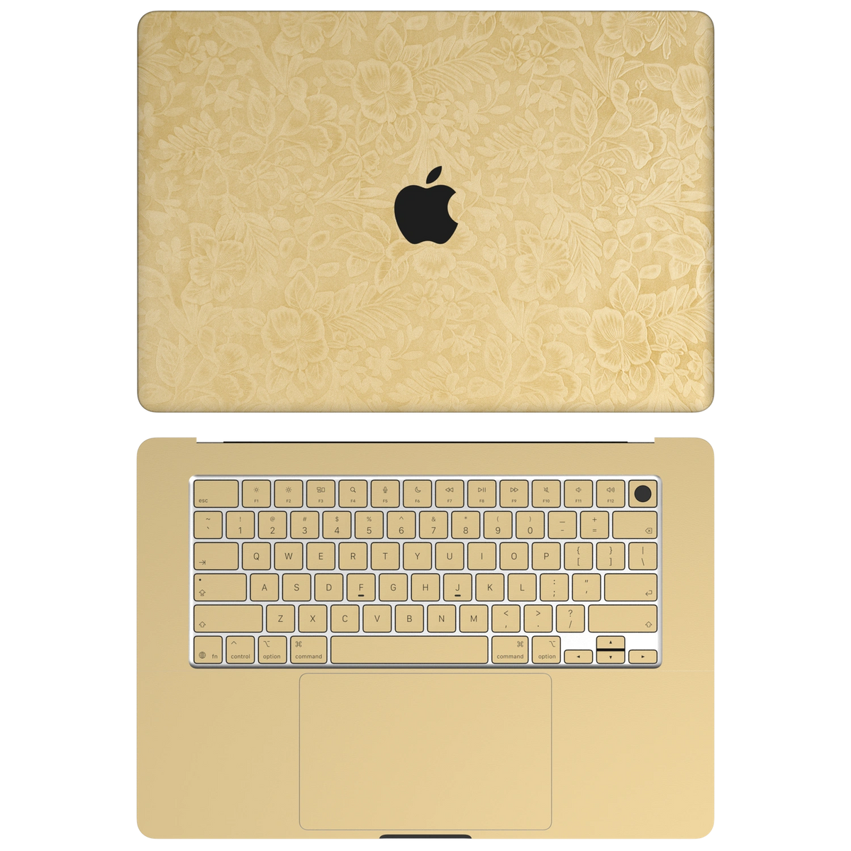 Vintage Gold Hibiscus synthetic leather: Top+Inside coverage guide: embossed top lid (A), plain inside (C) and keycap stickers. No bottom (D) or screen-edge (B) pieces. Rendered on Air 15.3-inch M3-M5 as shared Air/Pro/Neo material reference; exact cutouts follow selected model.
