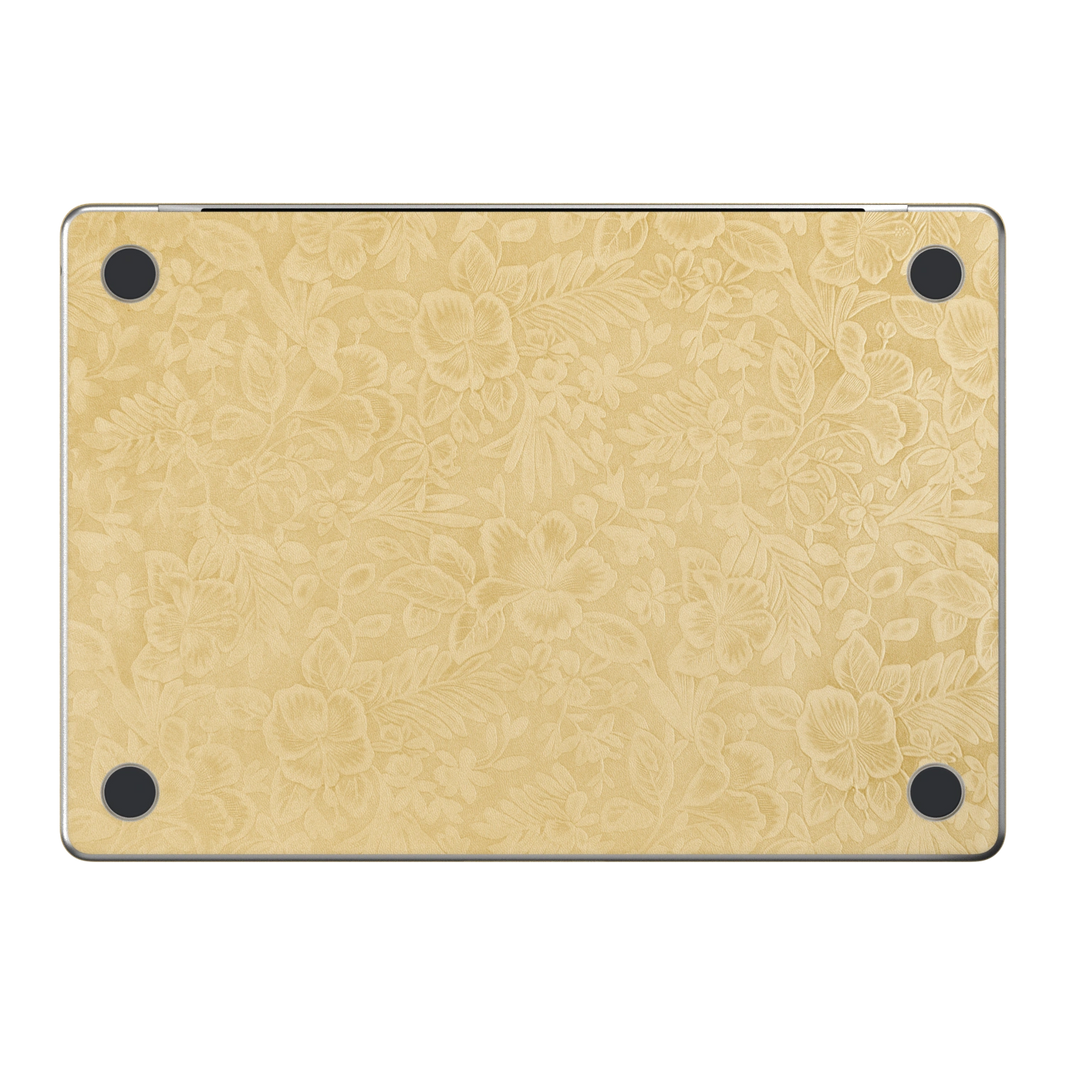 Vintage Gold Hibiscus synthetic leather: Bottom (D) material illustration; bottom pieces are included only with bottom coverage. Rendered on Air 15.3-inch M3-M5 as shared Air/Pro/Neo material reference; exact cutouts follow selected model.
