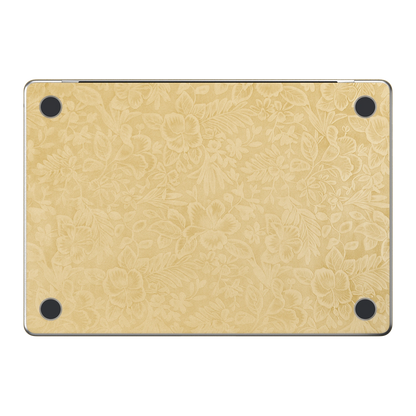 Vintage Gold Hibiscus synthetic leather: Bottom (D) material illustration; bottom pieces are included only with bottom coverage. Rendered on Air 15.3-inch M3-M5 as shared Air/Pro/Neo material reference; exact cutouts follow selected model.