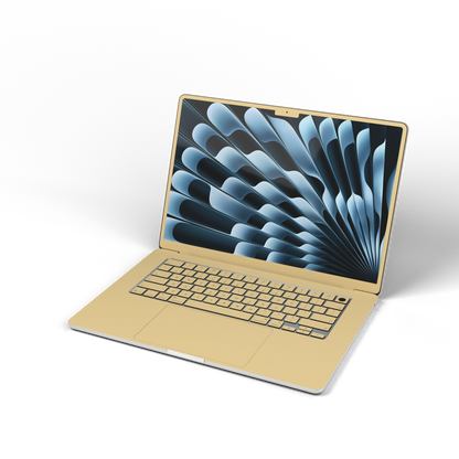 Vintage Gold Hibiscus synthetic leather: Front installation-effect illustration. Screen-edge (B) is a material reference; availability depends on selected model and coverage. Rendered on Air 15.3-inch M3-M5 as shared Air/Pro/Neo material reference; exact cutouts follow selected model.