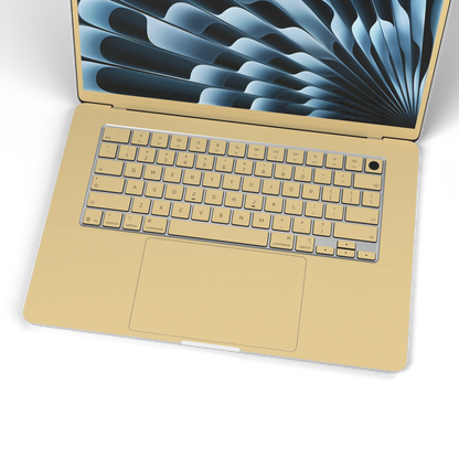 Vintage Gold Hibiscus synthetic leather: Inside keyboard and keycap material detail. Rendered on Air 15.3-inch M3-M5 as shared Air/Pro/Neo material reference; exact cutouts follow selected model.