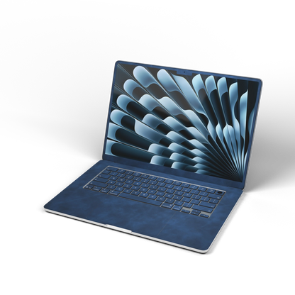Dark Gray Blue scrub-textured synthetic leather MacBook skin. Open front material illustration. Air 15.3 M3-M5 shared material/installation reference; exact cutouts and included pieces follow selected model and coverage. Laptop not included.