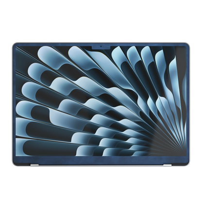 Dark Gray Blue scrub-textured synthetic leather MacBook skin. Screen edge (B) material illustration, only included where selected coverage/model supports it. Air 15.3 M3-M5 shared material/installation reference; exact cutouts and included pieces follow selected model and coverage. Laptop not included.